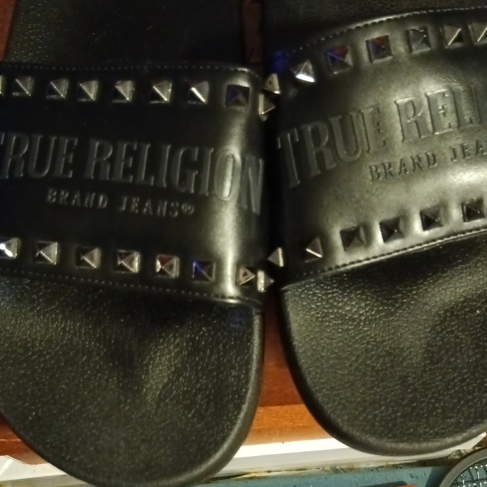 True Religion Black Studded Slides